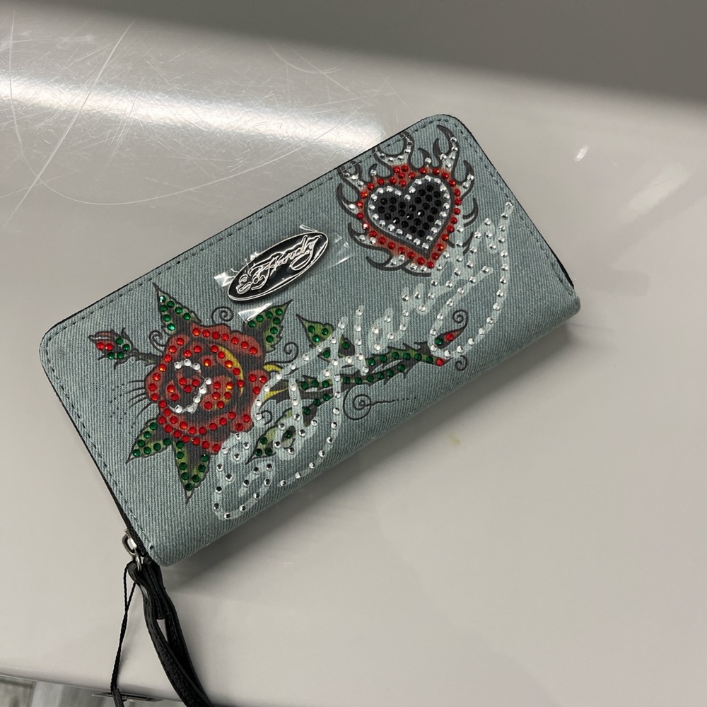Ed Hardy Gray Wallet with Red and Black Accents